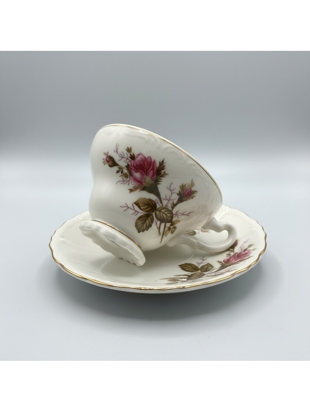 Vintage Made in Japan Porcelain Teacup & Saucer Pink Roses Gold Trim Footed